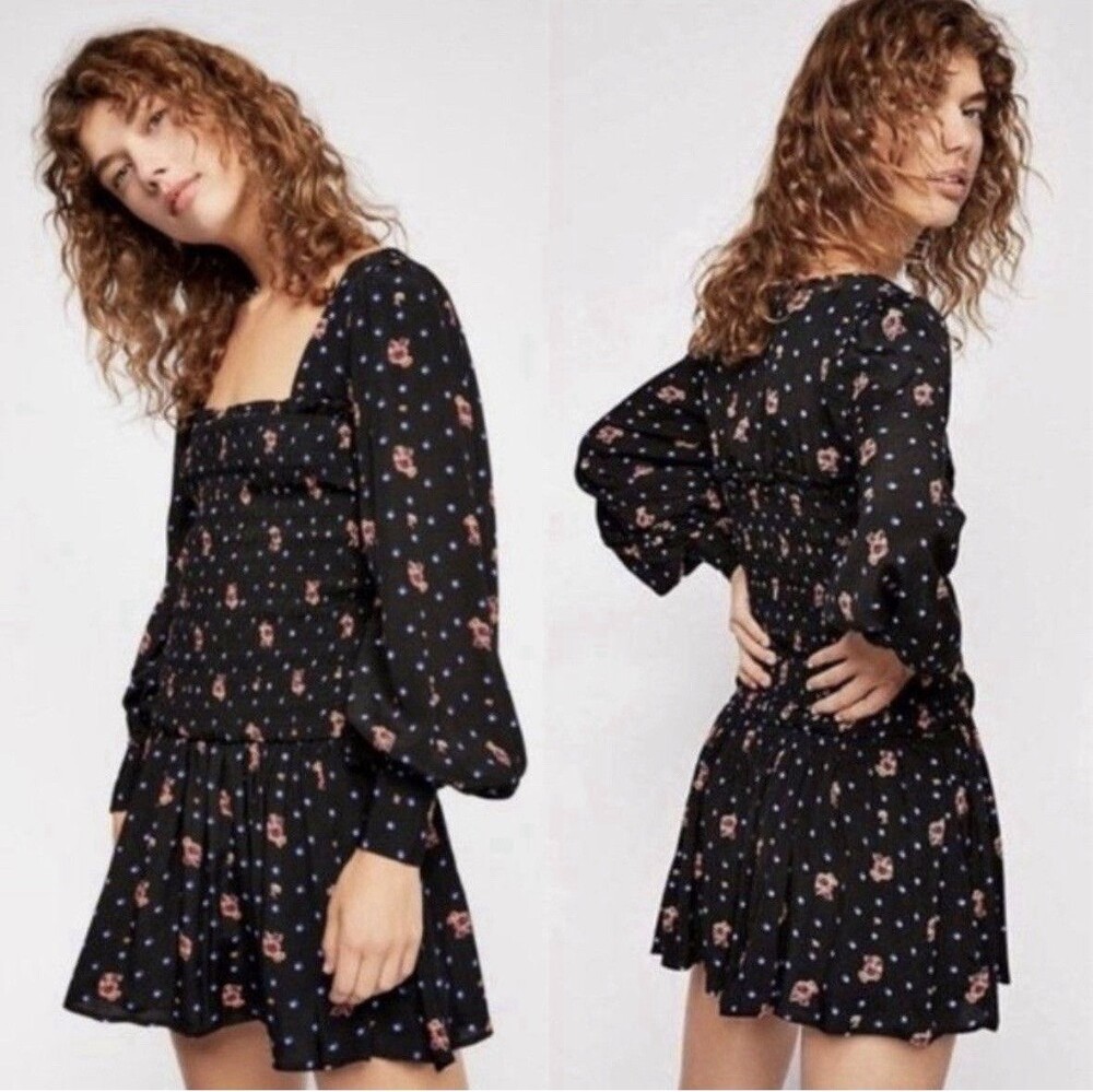 Free People Women's Black Floral Smocked Ruffle Balloon Sleeve Mini Dress Size M